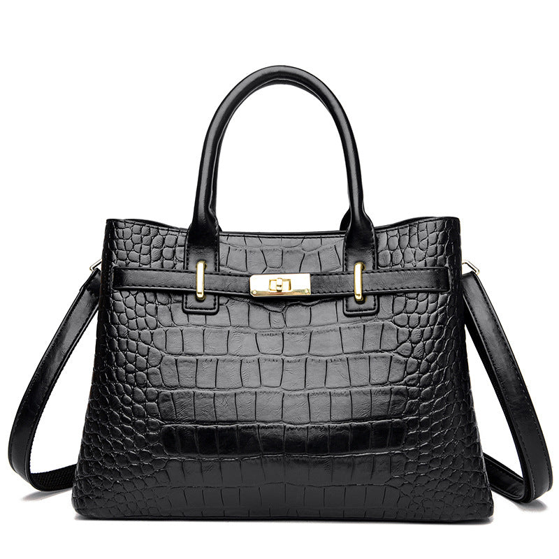 Black Crocodile Embossed Leather Tote Bag Gold Turn Lock Top Handle Crossbody Strap | Women Luxury Birkin Style Structured Handbag Office Shoulder Purse