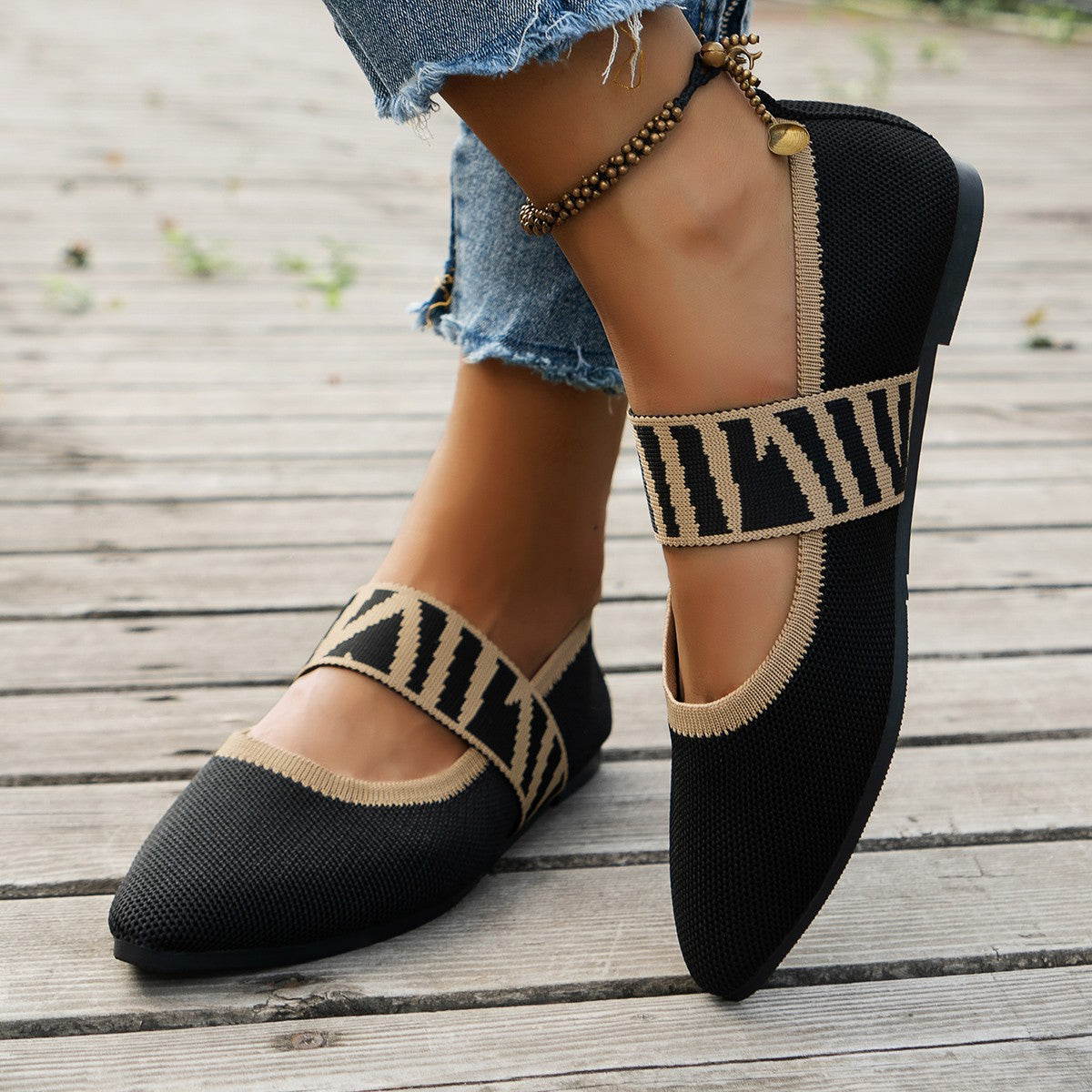 Black Knit Pointed Toe Flats Women Geometric Stripe Strap Slip-On Breathable Ballet Shoes Casual Daily
