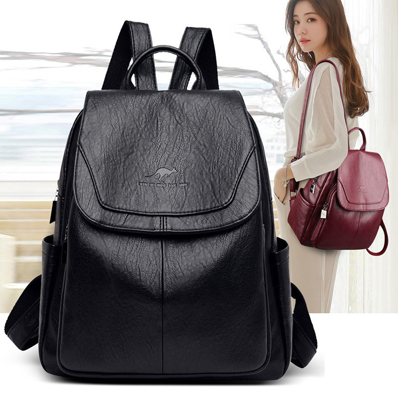 Black Leather Backpack Purse with Flap Closure | Women's Convertible Shoulder Bag