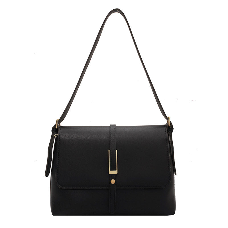 Black Leather Crossbody Bag with Gold Hardware | Structured Flap Shoulder Purse