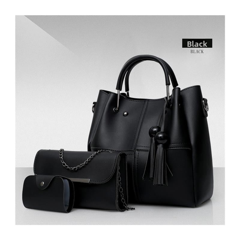 Black Leather Handbag Set 3-Piece with Tote, Chain Bag & Wallet | Women's Bag Collection