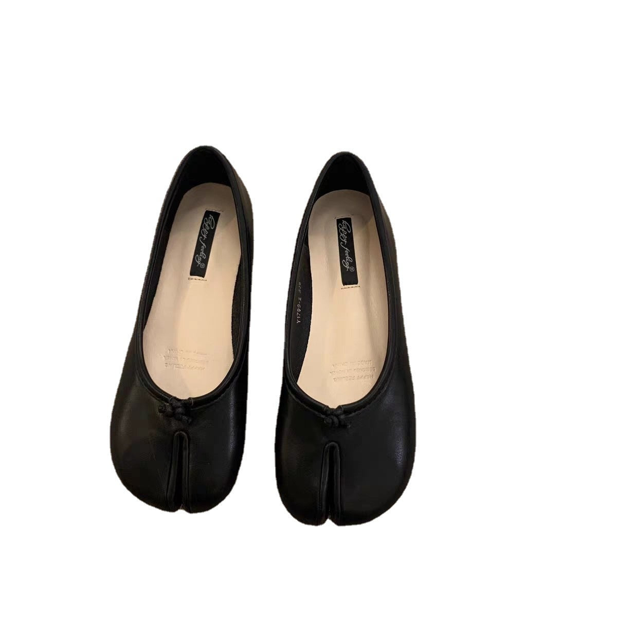 Black Leather Split Toe Tabi Ballet Flats | Japanese Inspired Bifurcated Flat Shoes for Women