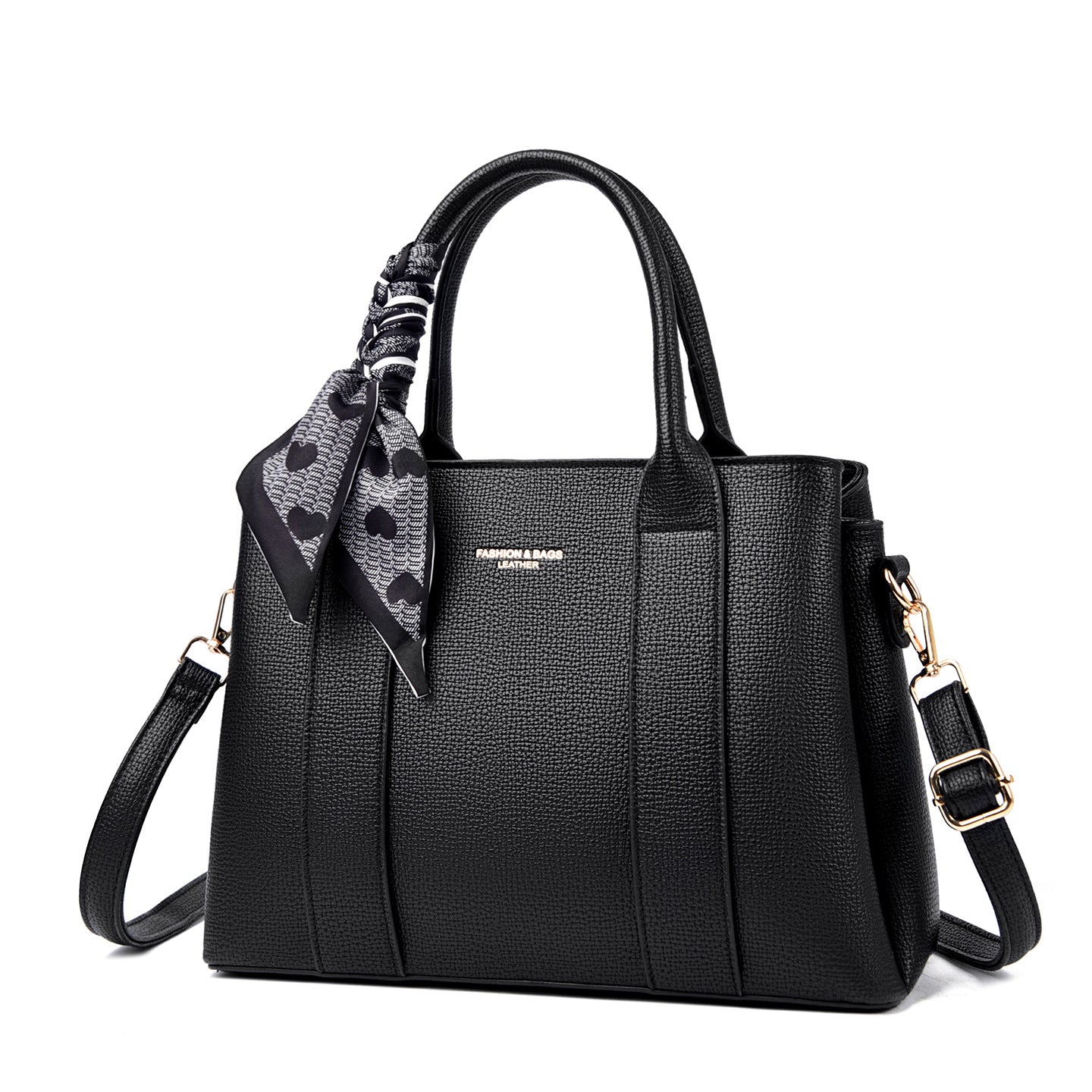 Black Leather Tote Handbag Women | Structured Shoulder Bag Crossbody Satchel with Scarf Detail Gold Hardware