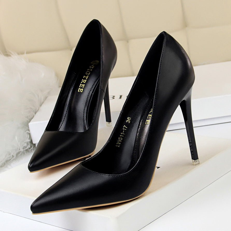 Black Matte Leather Pointed Toe Stiletto Pumps | Women's Classic High Heel Court Shoes