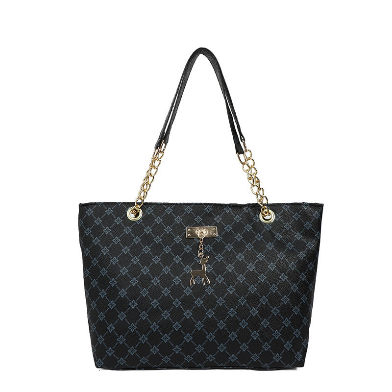 Black Monogram Pattern Chain Strap Tote Bag Gold Deer Charm Lock Detail Shoulder Bag | Women Luxury Designer Inspired Large Everyday Handbag Purse