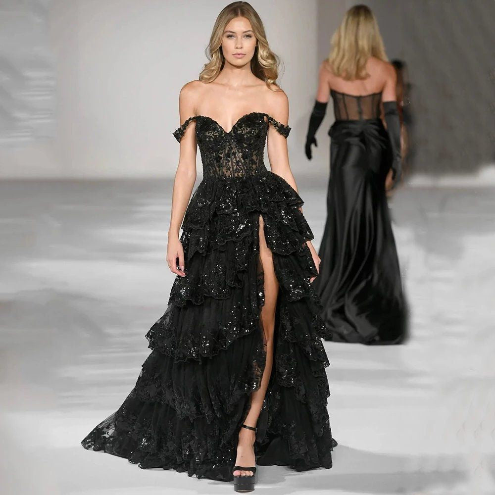 Black Off-Shoulder Sequin Lace Tiered Gown | Corset Ruffle Slit Formal Dress | Prom Evening Gown
