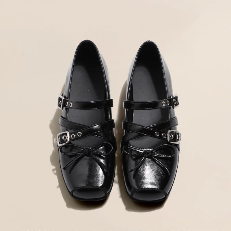 Black Patent Leather Mary Jane Flats | Double Buckle Strap Cross-Lace Bow Square Toe Women's Shoes