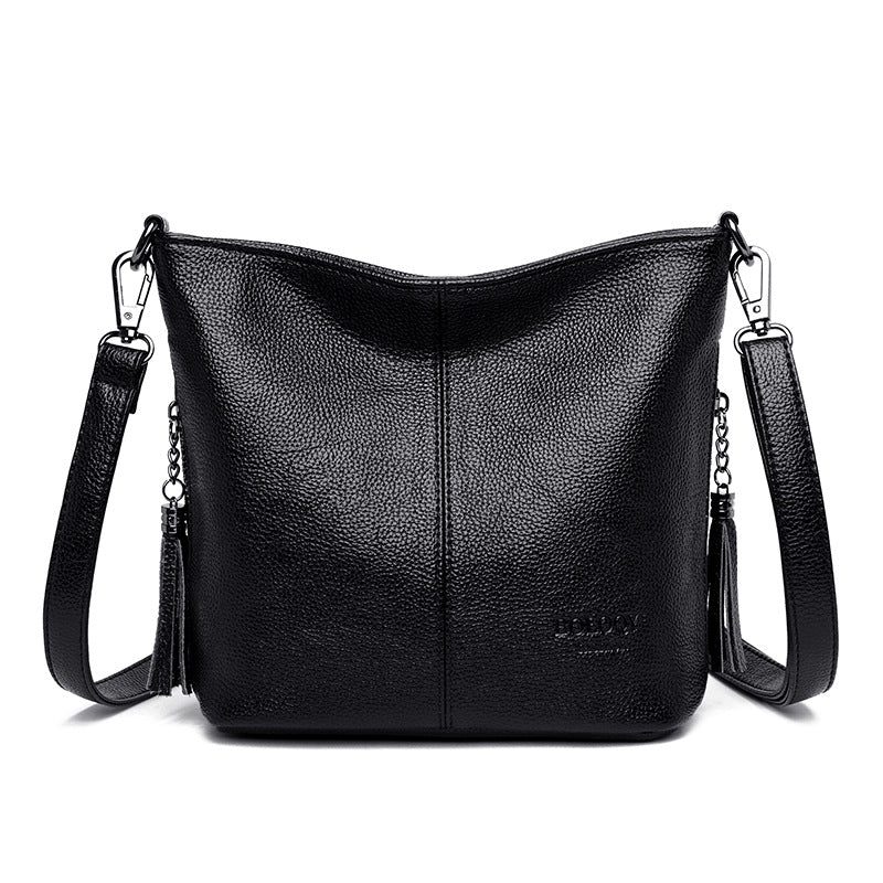 Black Pebbled Leather Crossbody Bag with Tassel | Hobo Shoulder Bag