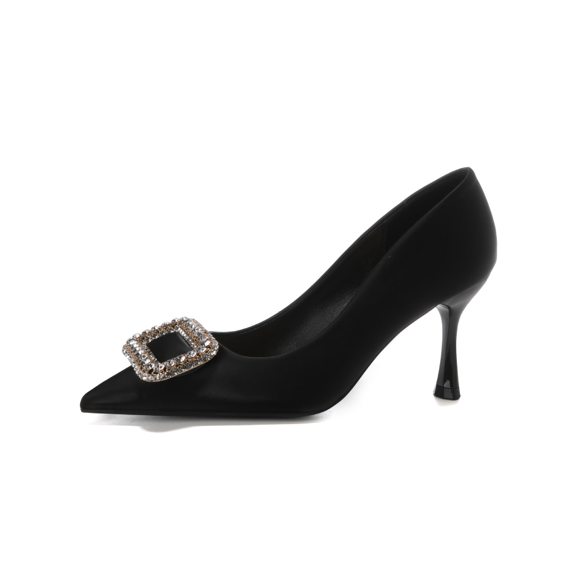 Black Satin Pointed Toe Stiletto Pumps with Square Crystal Rhinestone Buckle | Elegant Luxury Heels for Women