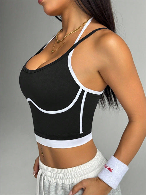 Black Sports Crop Top White Contrast Trim Racerback Spaghetti Strap Athletic Bra | Women Gym Workout Activewear Fitness Tank Top Summer