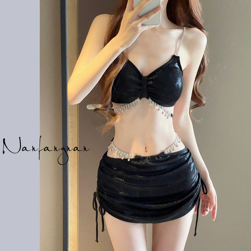 Black Velvet Crystal Tassel Three Piece Bikini Set | Rhinestone Strap Bra Top & Ruched Mini Skirt | Luxury Glam Korean Swimwear Women