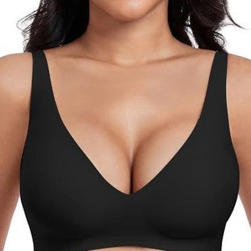 Black Wireless Bralette for Women - Seamless Comfort Bra with Deep V Neckline & No Underwire Support