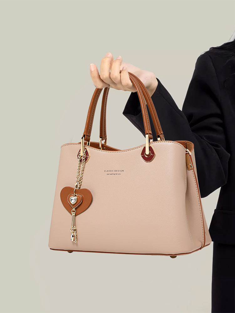 Blush Pink Leather Handbag with Brown Trim & Heart Charm | Classic Design Tote Bag