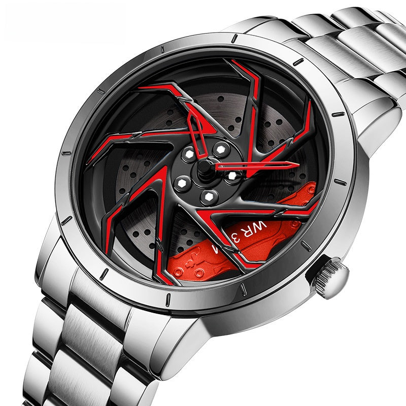 Bodeer Spinning Rim Watch Men | 3D Red Turbine Wheel Dial | Silver Stainless Steel Bracelet | Racing Car Enthusiast Watch