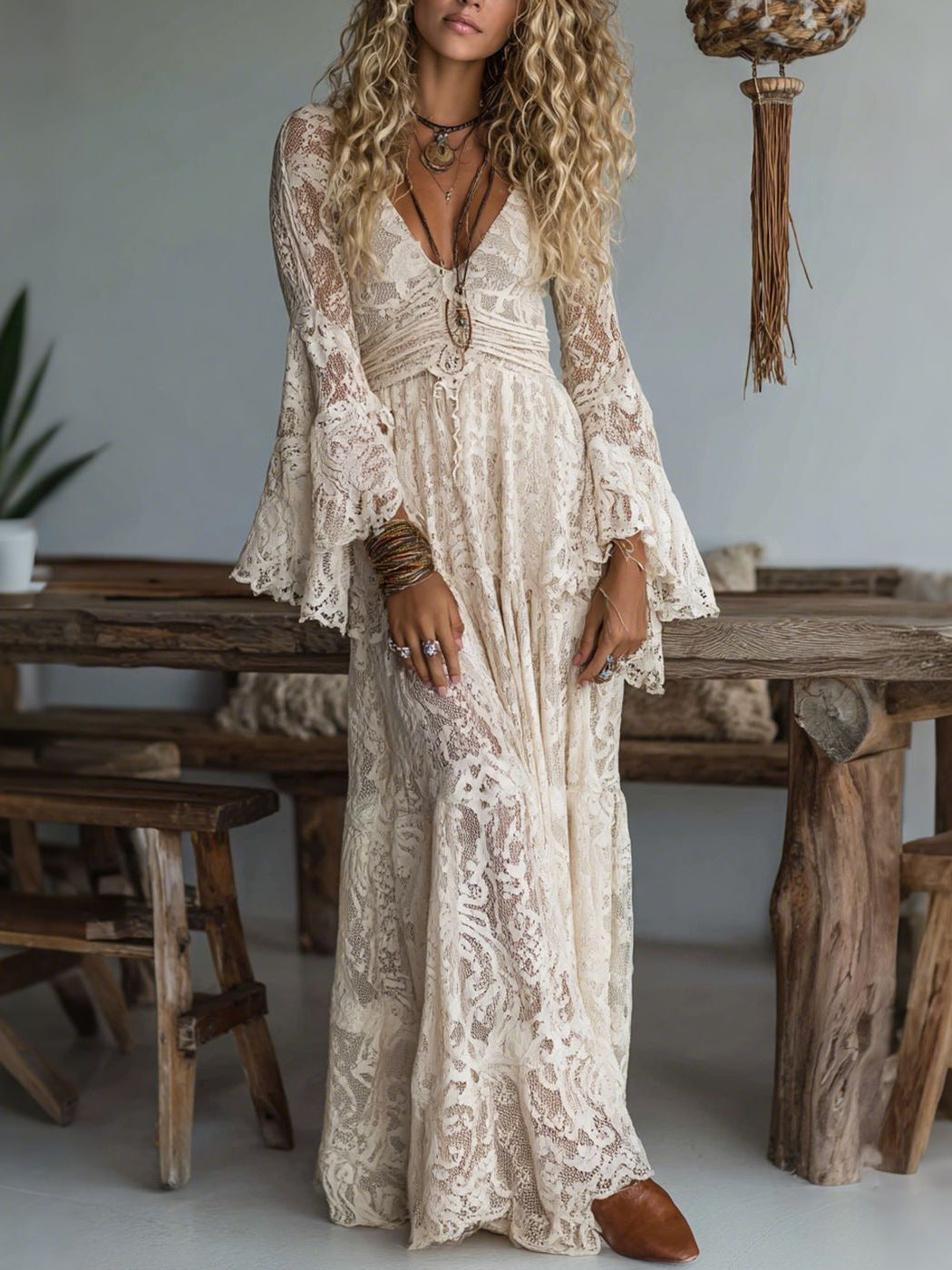 Boho Lace Bell Sleeve Maxi Dress | Cream Floral Crochet V-Neck Tiered Floor Length Dress | Bohemian Wedding Festival Dress for Women