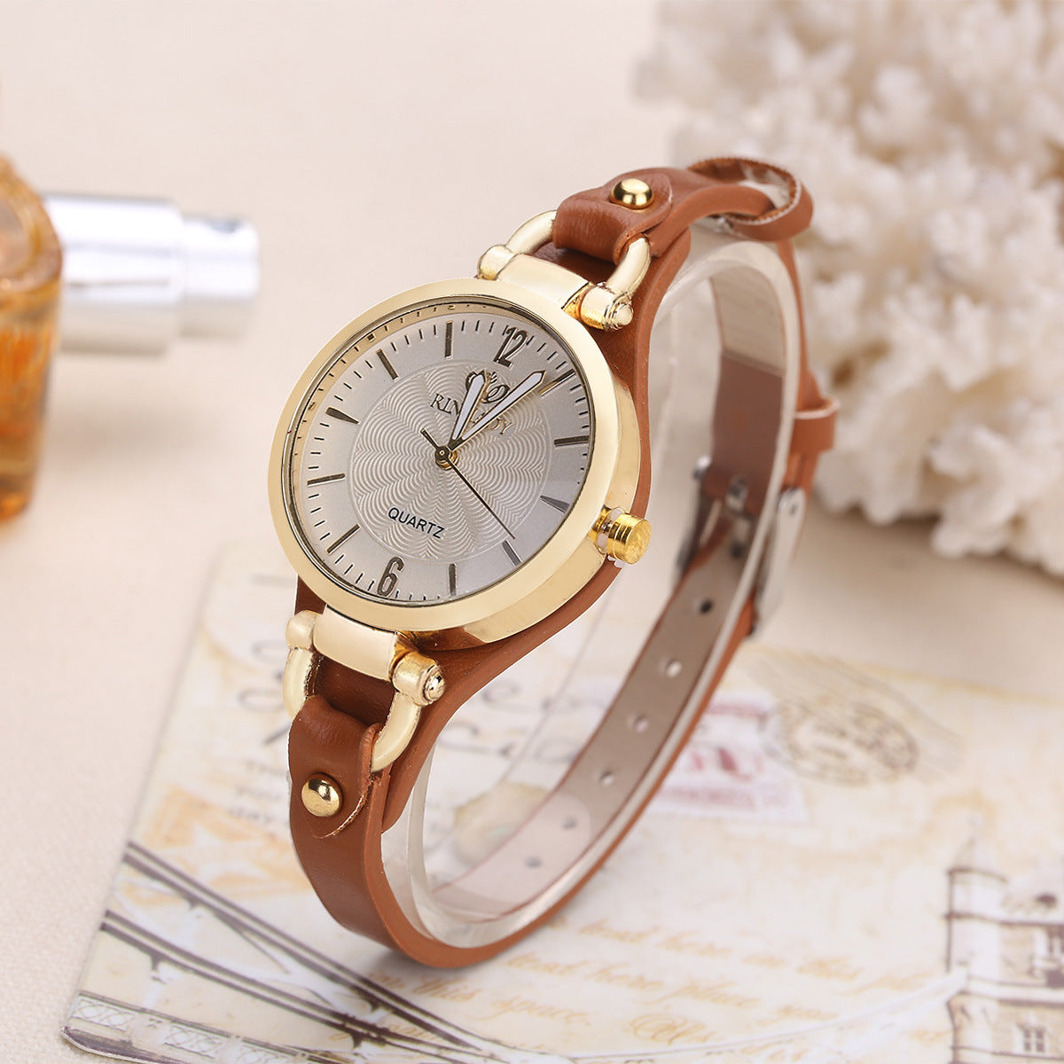 Brown Leather Wrap Watch Women | Gold Case Guilloche Dial | Thin Strap Stud Detail | Boho Vintage Quartz Dress Watch