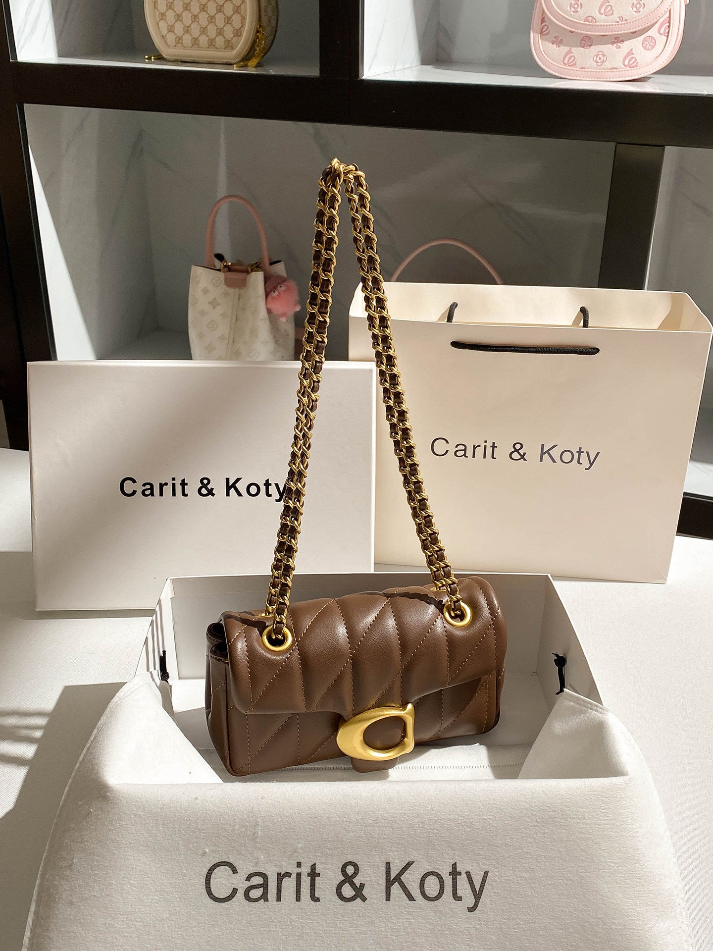 Brown Quilted Leather Shoulder Bag - Designer Inspired Flap Bag with Chain Strap | C Clasp Crossbody with Gold Hardware