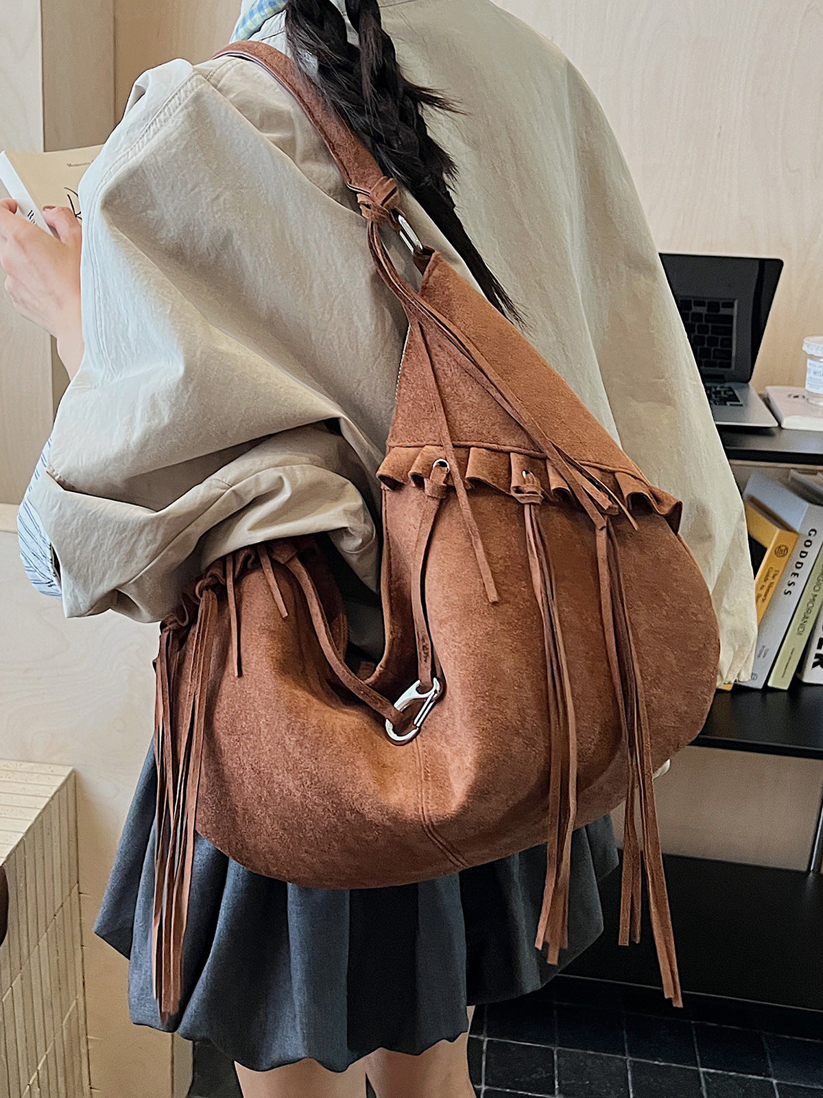 Brown Suede Fringe Hobo Bag - Bohemian Slouchy Shoulder Bag with Tassel Details | Western Style Hobo with Silver Hardware