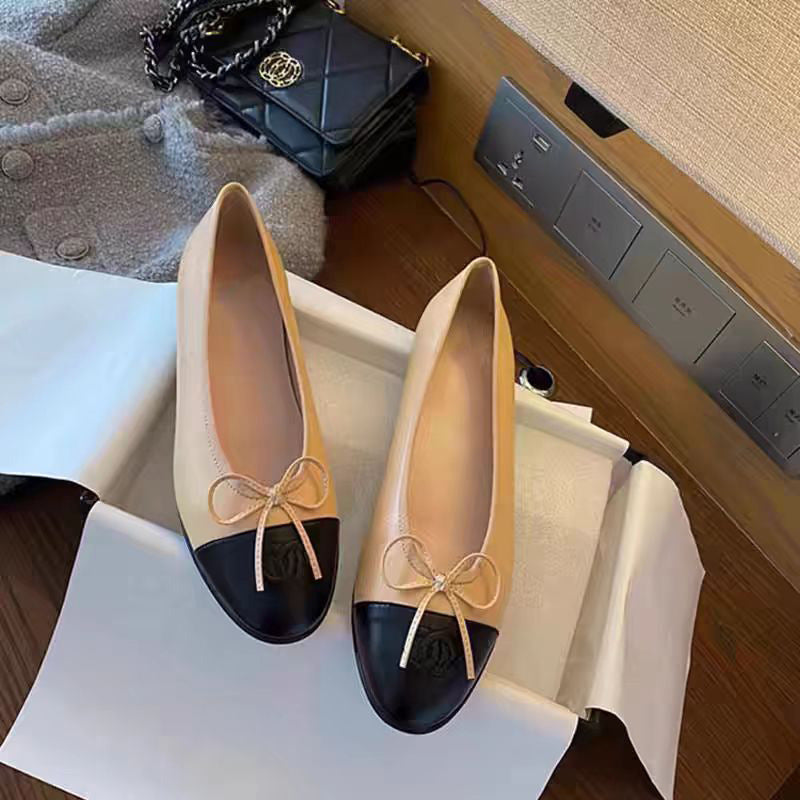 CHANEL Beige & Black Lambskin Ballet Flats | Luxury Flat Shoes for Women