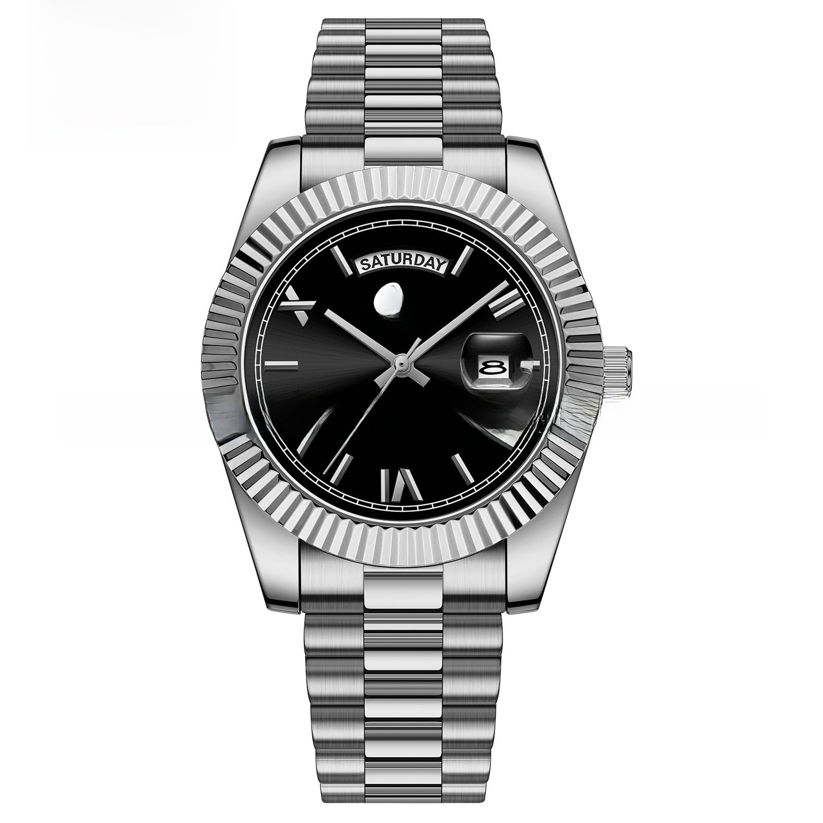 Carsikie Arabic Numeral Watch Men | Black Sunray Dial | Fluted Bezel President Style | Day Date Silver Stainless Steel Watch