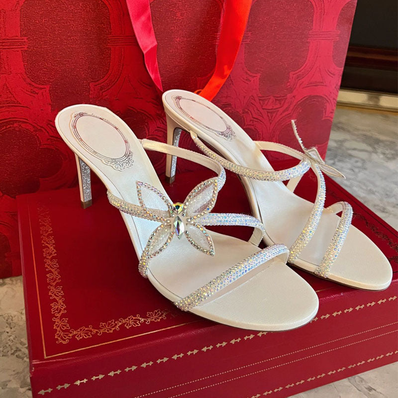 Champagne Nude AB Crystal Rhinestone Flower Strappy Stiletto Mule Sandals | Luxury Bridal Evening Heels for Women