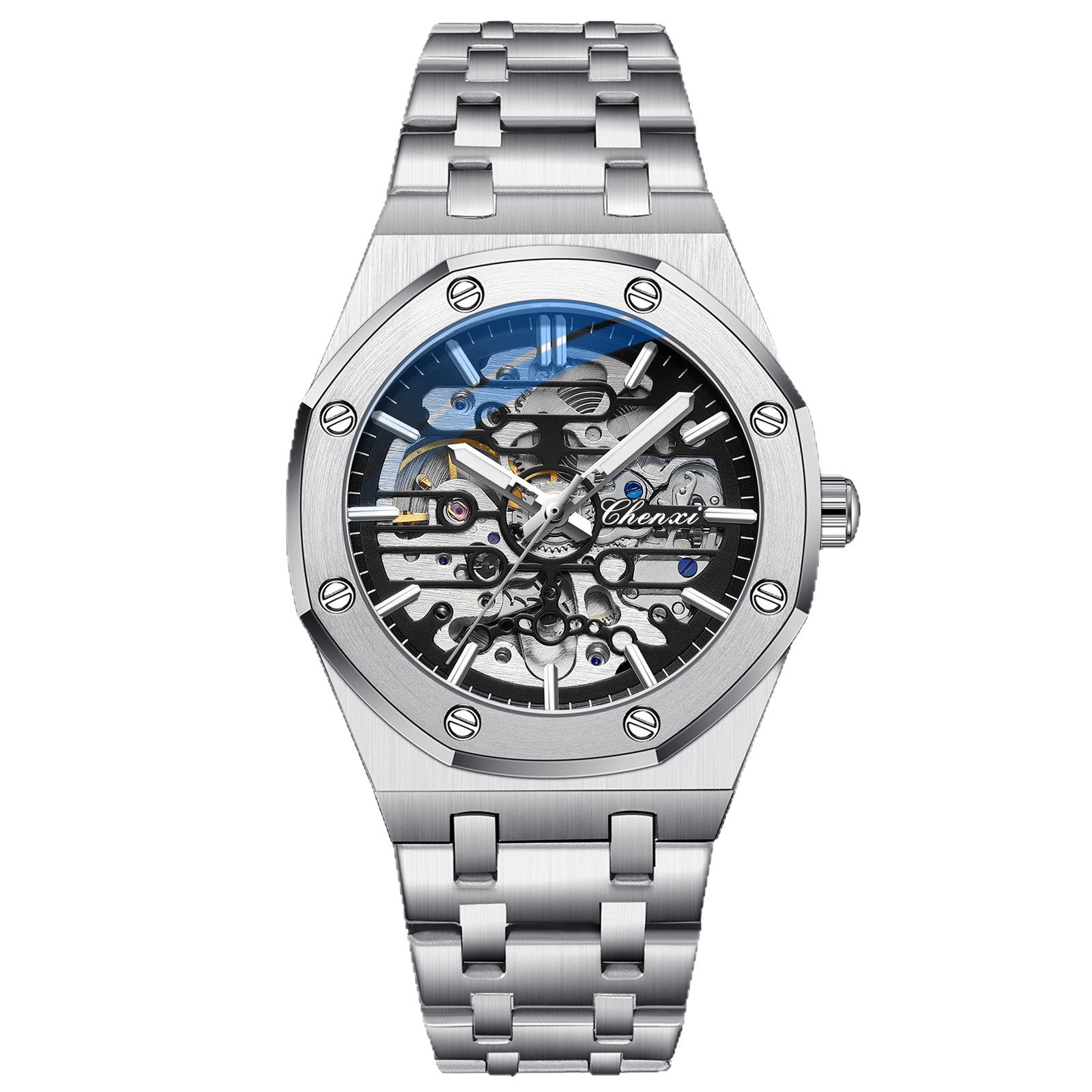 Chenxi Men's Skeleton Mechanical Watch | Royal Oak Style Octagonal Screw Bezel Blue Accent | Silver Stainless Steel Bracelet Luxury Timepiece