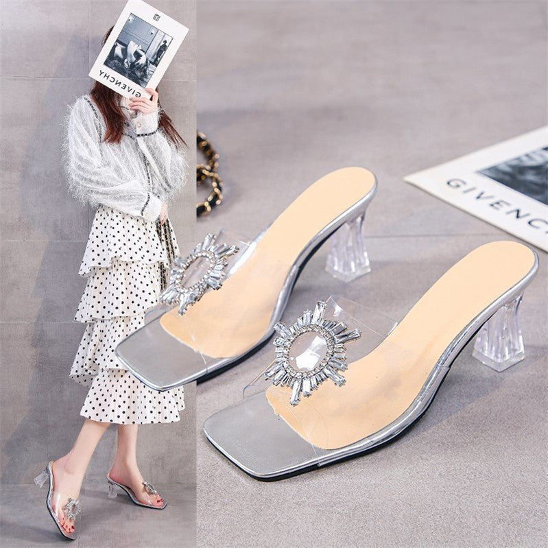 Clear Crystal Rhinestone Heel Mule Sandals for Women | Transparent PVC Block Heel Slides | Diamond Sunburst Jewel Strap Heels | Elegant Glass Heel Party Sandals