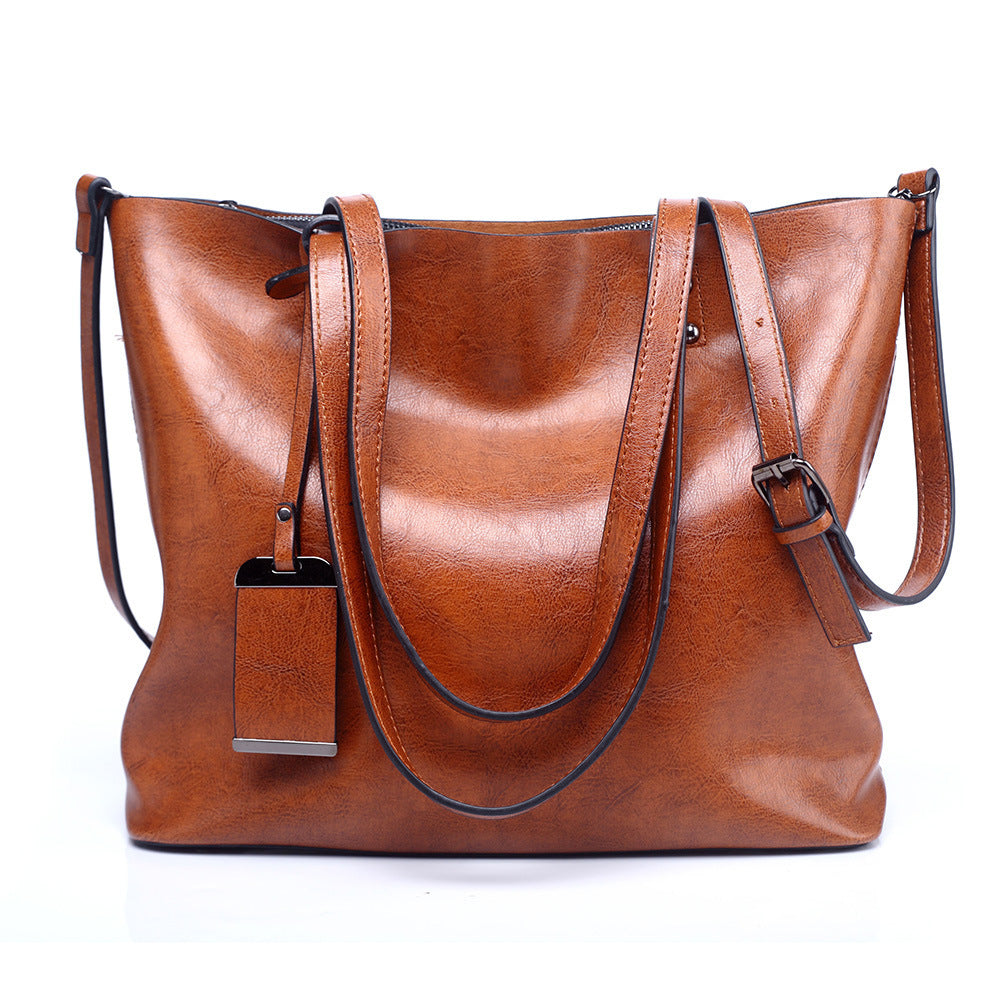 Cognac Brown Leather Tote Bag with Crossbody Strap | Vintage Style Shoulder Bag
