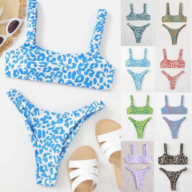 Colorful Leopard Print Bikini Set, Square Neck Crop Top & High Cut Bottom, Women Two Piece Swimwear, Multi Color Animal Print Swimsuit, Beach Vacation Bathing Suit