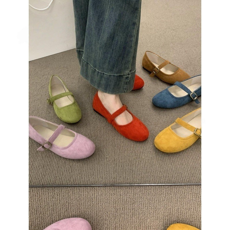 Colorful Suede Mary Jane Flats for Women | Multi Color Ballet Flats with Buckle Strap | Round Toe Flat Shoes | Available in Red Green Yellow Blue Pink Tan | Cute Everyday Flats