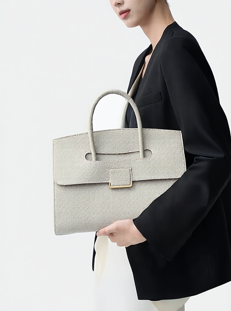 Cream Structured Top Handle Bag | Classic Leather Handbag