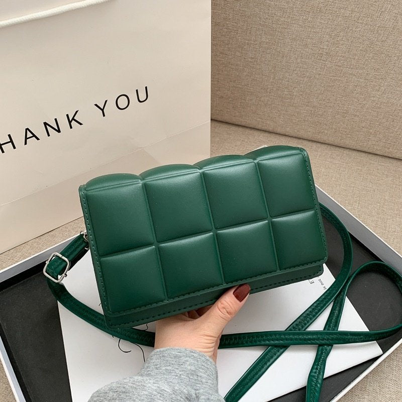 Forest Green Padded Leather Crossbody Bag | Quilted Cassette Style Shoulder Bag