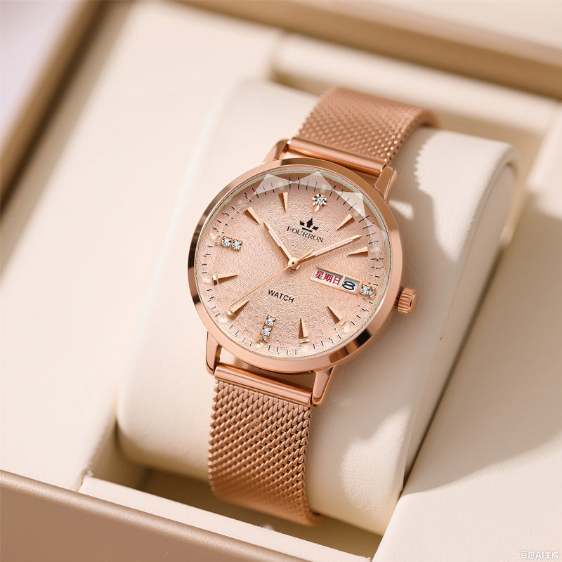 Fourron Rose Gold Mesh Women's Watch | White Dial Crystal Markers Day Date Display Elegant Quartz Timepiece