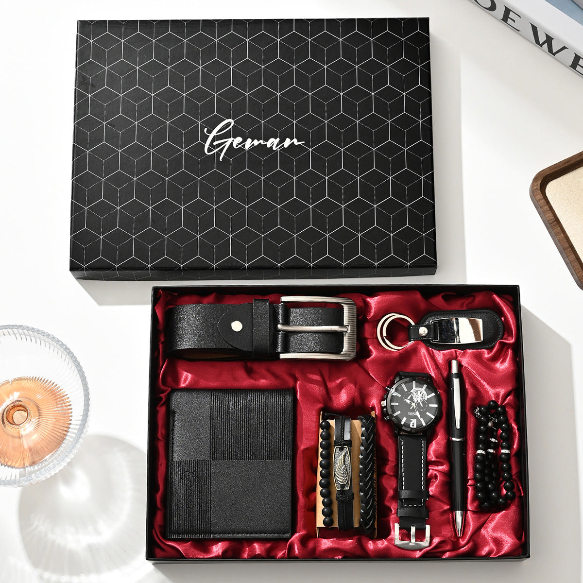 Geman Men's Luxury Gift Set – 6-Piece Black Leather Belt, Wallet, Watch, Bracelet, Keychain & Pen Box Set | Premium Men's Gift