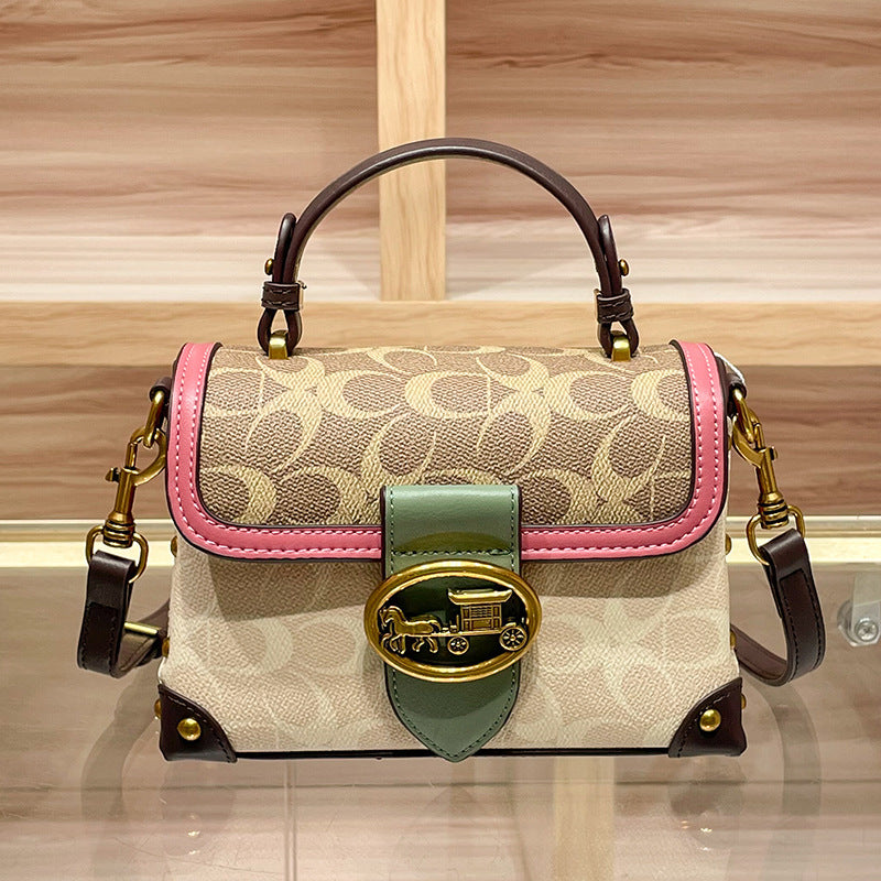 Genuine Leather Signature Monogram Mini Top Handle Crossbody Bag - Tan Canvas with Pink & Green Colorblock Trim - Gold Horse Carriage Turn Lock Flap Satchel - Women's Designer Style Handbag