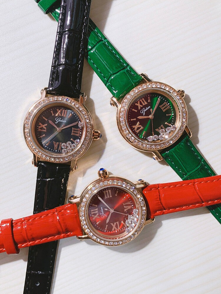 Godan Women's Rose Gold Green Watch | Emerald Dial Floating Diamond Crystal Bezel Roman Numeral Luxury Quartz Watch