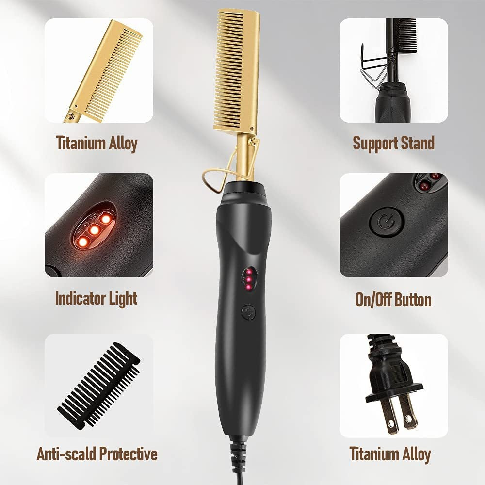 Gold Electric Hot Comb Press | Black Gold Straightening Pressing Comb with Protective Guard | US EU UK AU Plug Universal Voltage Hair Press Comb for Men & Women