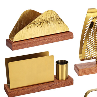 Gold & Walnut Wood Desk Organizer Set | Business Card Holder & Pen Cup | Luxury Office Accessories | Modern Minimalist Desktop Organizer