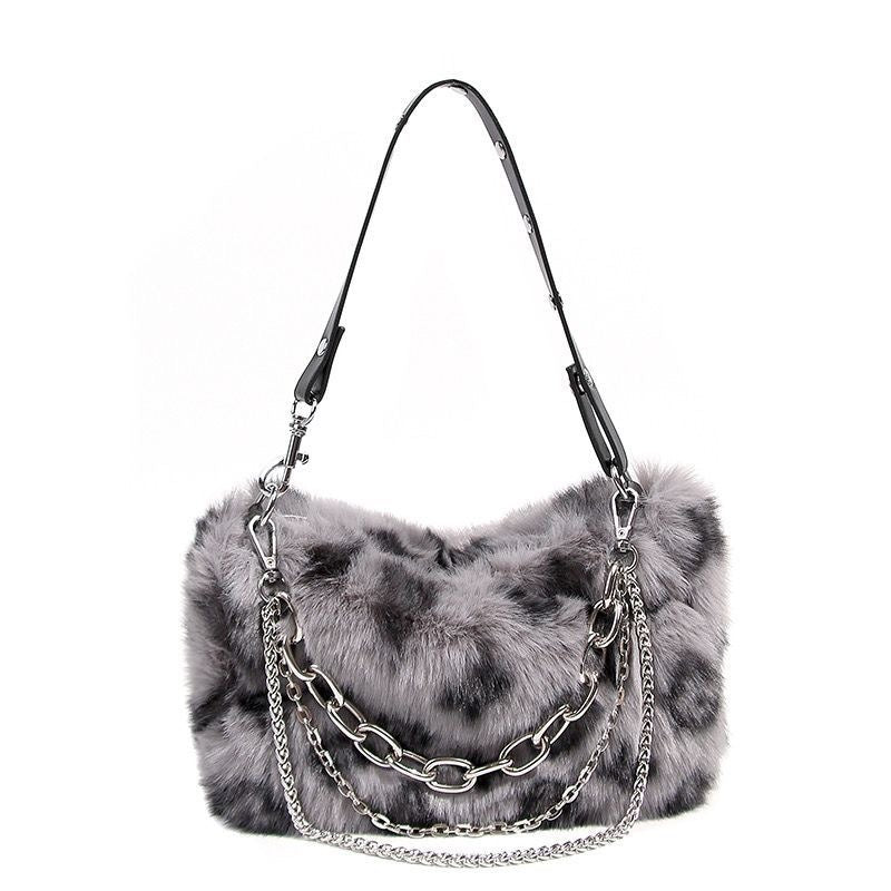 Gray Faux Fur Handbag with Silver Chain | Fluffy Shoulder Bag