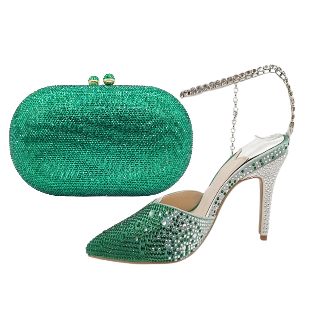 Green Crystal Rhinestone Heels & Matching Clutch Bag Set | Diamante Stiletto Pointed Toe Slingback Evening Shoes & Purse