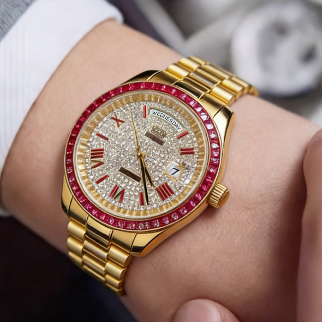 HY&ZX Automatic Gold Watch | Diamond Paved Dial Ruby Baguette Bezel | Day Date Presidential Bracelet Men's Luxury Watch