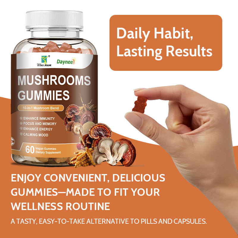 Winstown Daynee 10-in-1 Mushroom Gummies – 60 Vegan Gummies | Immunity, Focus, Energy & Mood Support | Daily Mushroom Blend Supplement