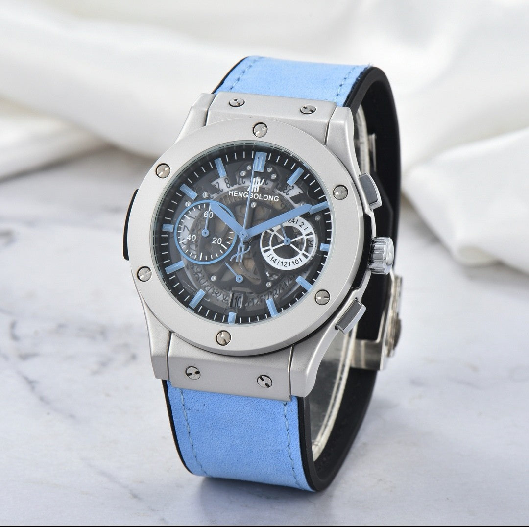 Hengbolong Skeleton Chronograph Men's Watch | Silver Screw Bezel Sky Blue Suede Strap Hollow Dial Date Watch