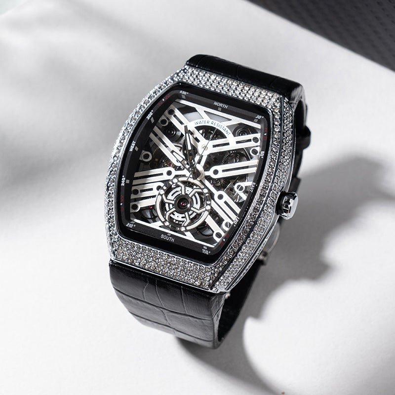 Iced Out Tonneau Skeleton Men's Watch | Diamond Pave Bezel Black Dial Circuit Movement Compass Leather Strap Luxury Timepiece