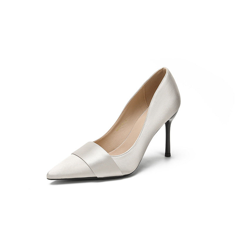 Ivory Satin Two-Tone Pointed Toe Stiletto Pumps | Minimalist Silk Look High Heels for Women | Bridal Wedding Office Elegant Dress Shoes