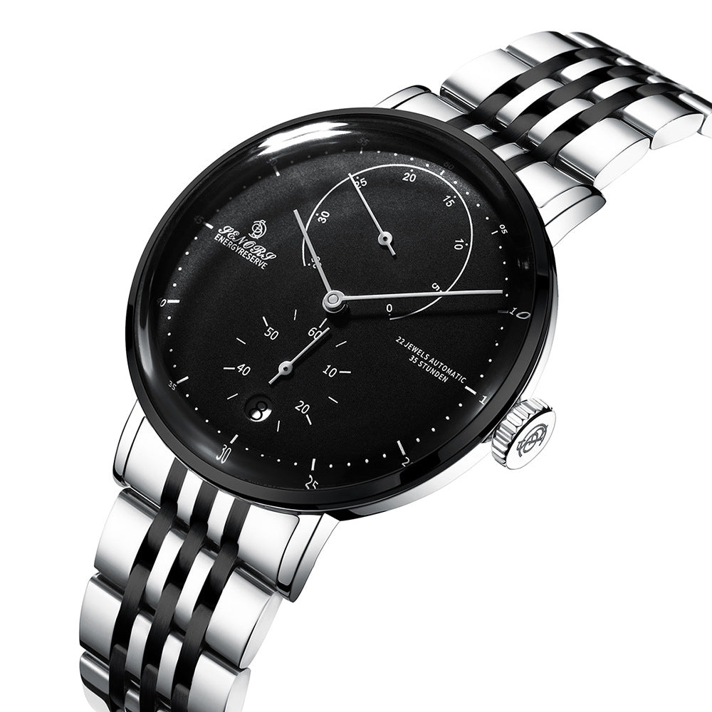 JENORS Energy Reserve Men's Automatic Watch | Black Starfield Dial 22 Jewels Power Reserve Indicator Silver Steel Luxury Timepiece