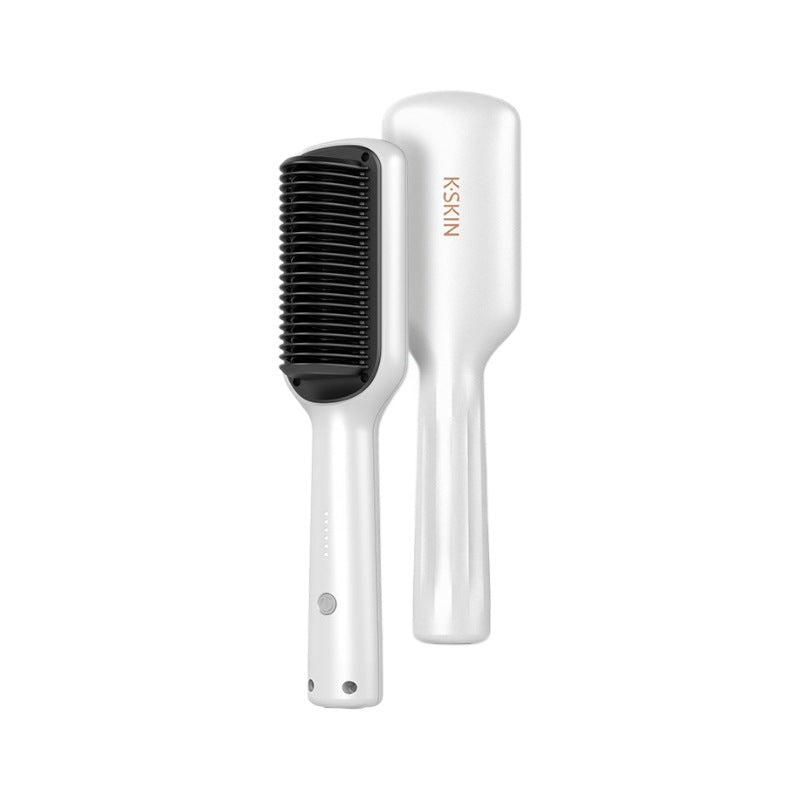 KSKIN White Electric Hair Straightening Brush | Cordless Ionic Anti-Frizz Hot Comb | Professional Portable Hair Straightener Brush for Women & Men