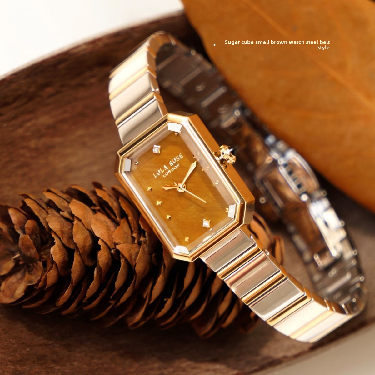 Lola Rose London Sugar Cube Women's Watch | Brown Amber Dial Gold Rectangle Steel Bracelet Luxury Timepiece