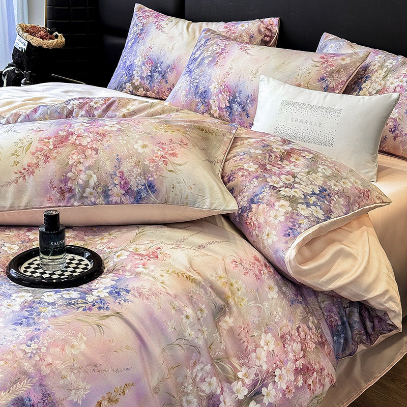 Luxury Floral Satin Bedding Set - Romantic Pink Purple Botanical Print Duvet Cover with Pillowcases - Silky Soft Egyptian Cotton Style Bed Linen Set for Queen King - Elegant Bedroom Decor