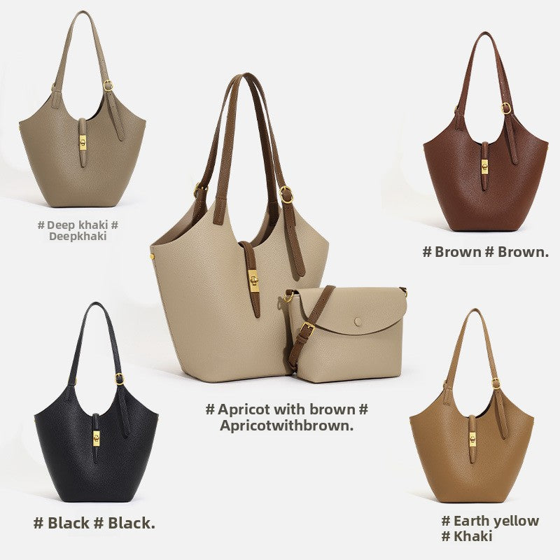 Luxury Leather Bucket Tote Bag with Gold Twist Lock | Women's Designer-Style Shoulder Bag in Beige & Brown Contrast Strap | Everyday Handbag for Work & Travel